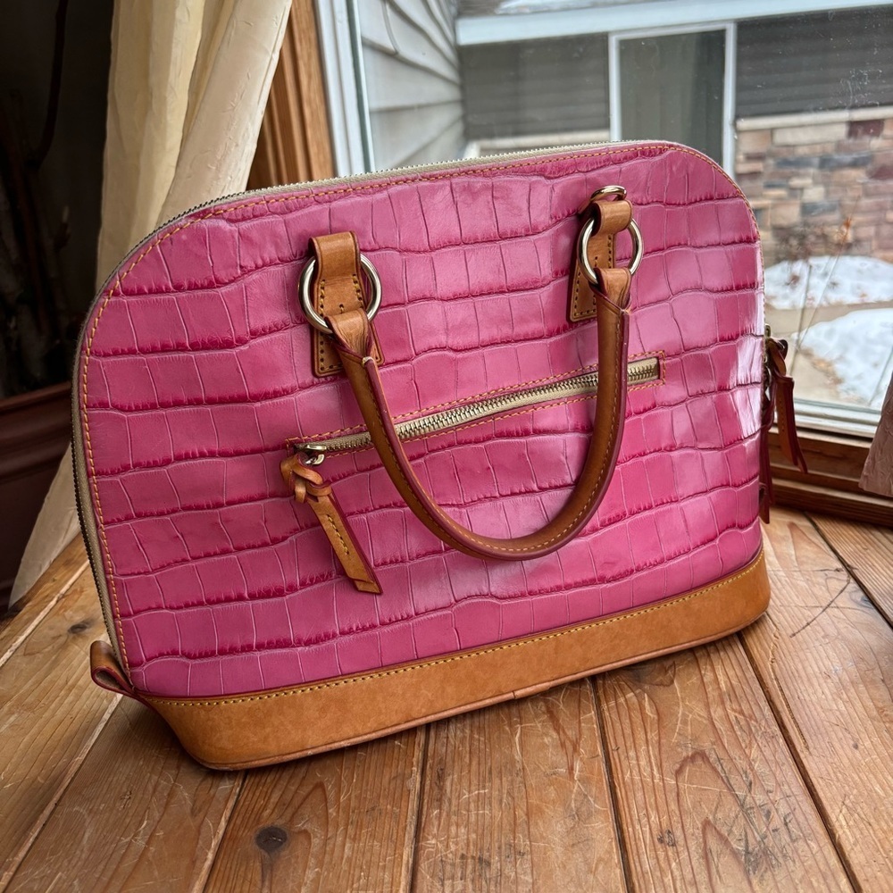 Dooney & Bourke Pink and Brown Croc Embossed Satchel - Picture 3 of 13